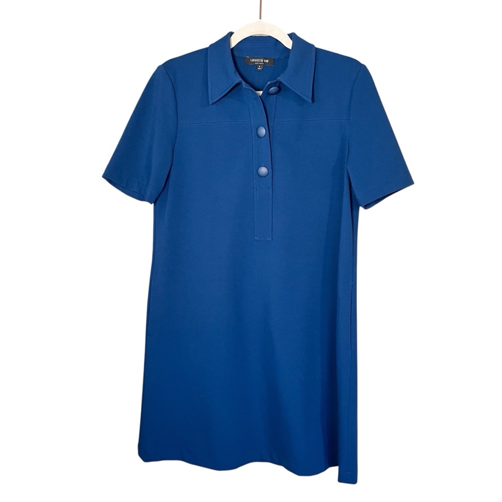 Lafayette 148 Short Sleeve Popover Stretch Ponte Knit Polo Dress Blue Small